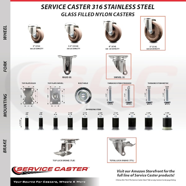 Service Caster 5 Inch 316SS High Temp Glass Filled Nylon 3/8 Inch Stem Caster Set Lock Brake SCC-SS316TSTTL20S514-GFNSHT-381615-4 - main